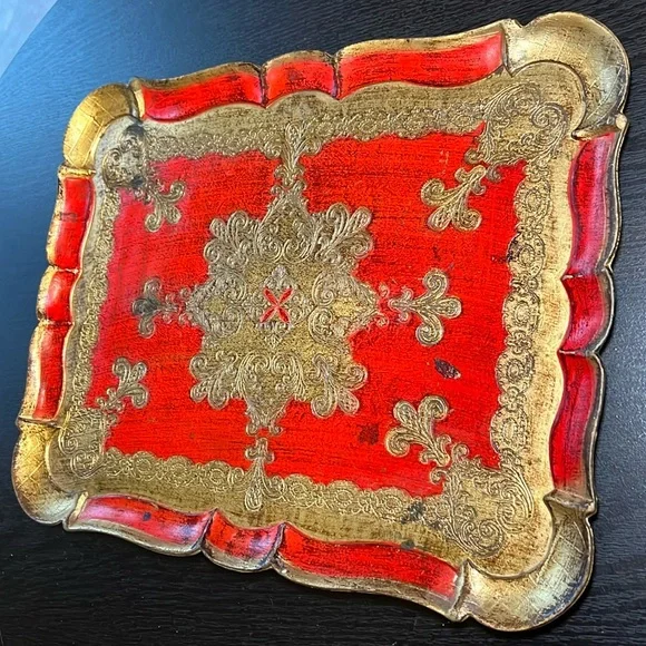 Vintage Italian Red Gold Gilded Wooden Florentine Rectangular Tray - Picture 12 of 13